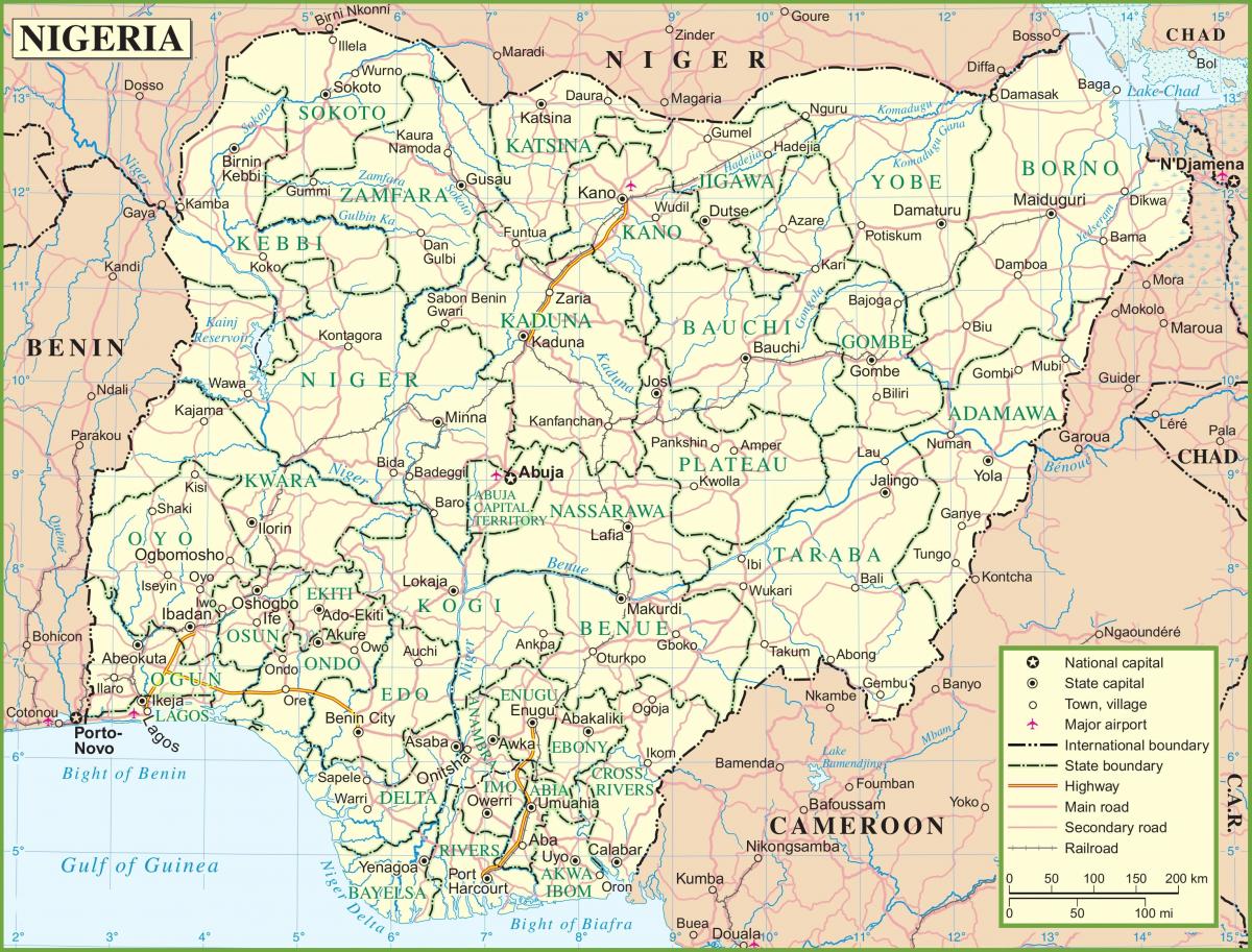 žemėlapis nigerija, kuriame pagrindinius kelius,