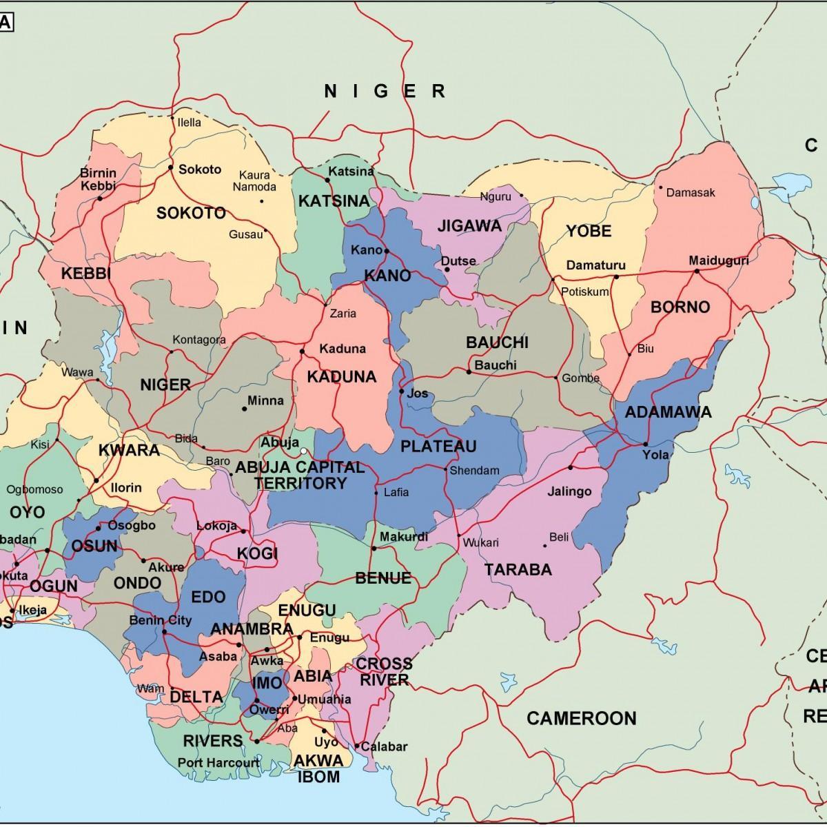 Žemėlapis su nigerija narių ir miestų