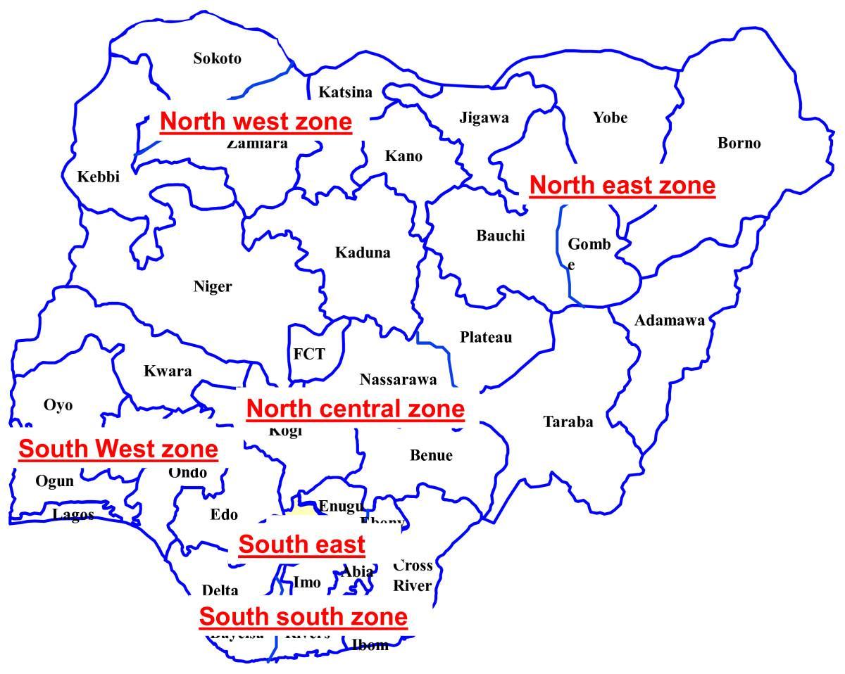 žemėlapis nigerija, kuriame šešios geopolitinių zonų