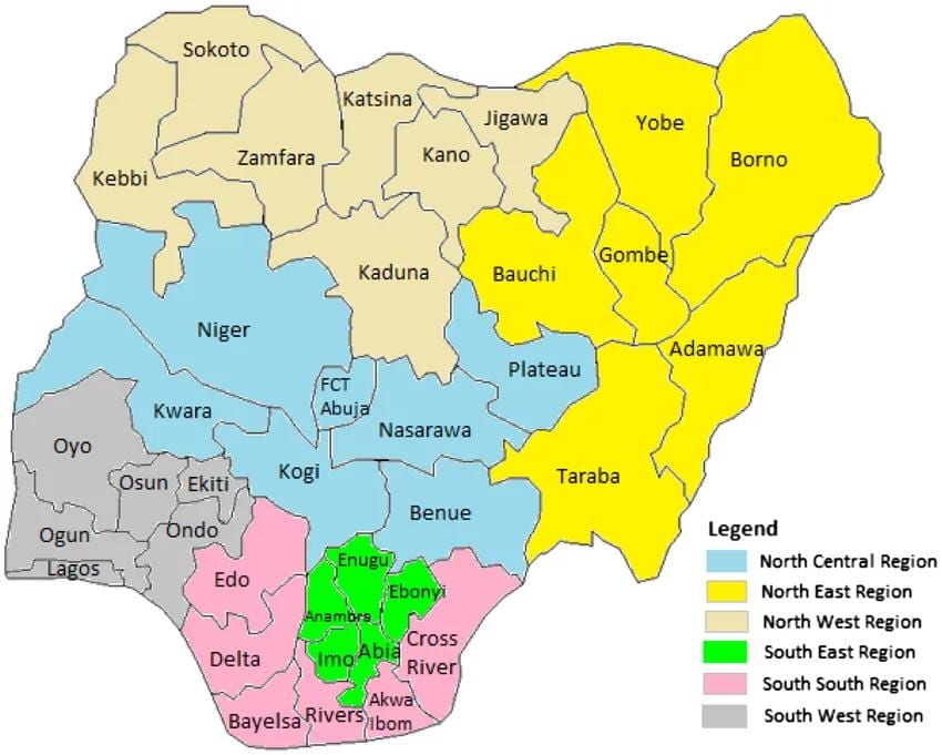 Žemėlapis nigerija, kuriame geopolitinių zonų