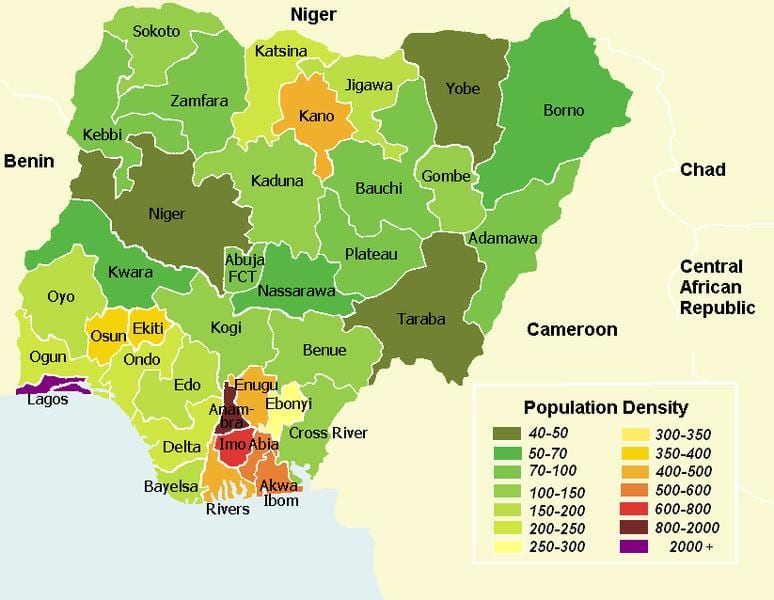 Žemėlapis nigerija, kuriame gyventojų pasiskirstymas