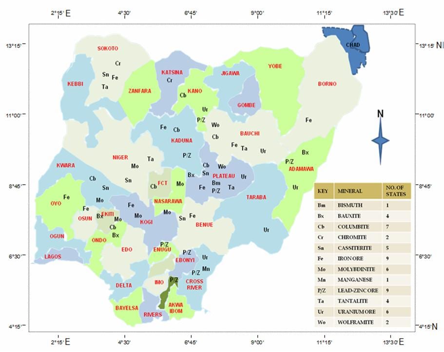 Žemėlapis nigerija, kuriame mineralinių išteklių