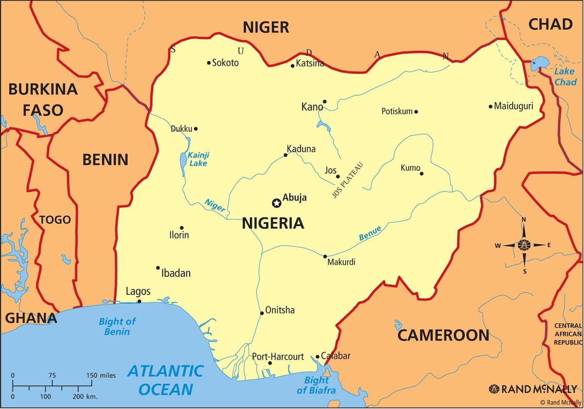 žemėlapis nigerija, rodantis upės nigeris ir benue