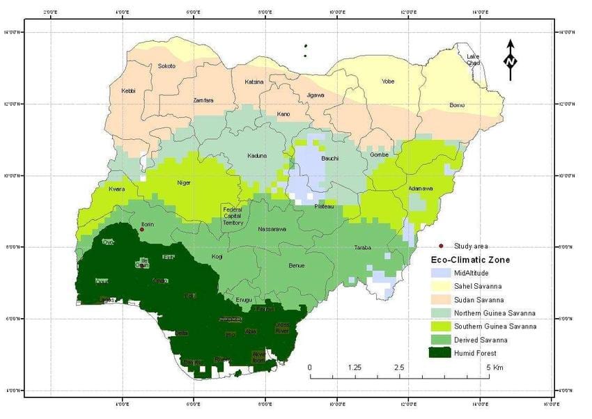 Žemėlapis nigerija, rodo klimato zona