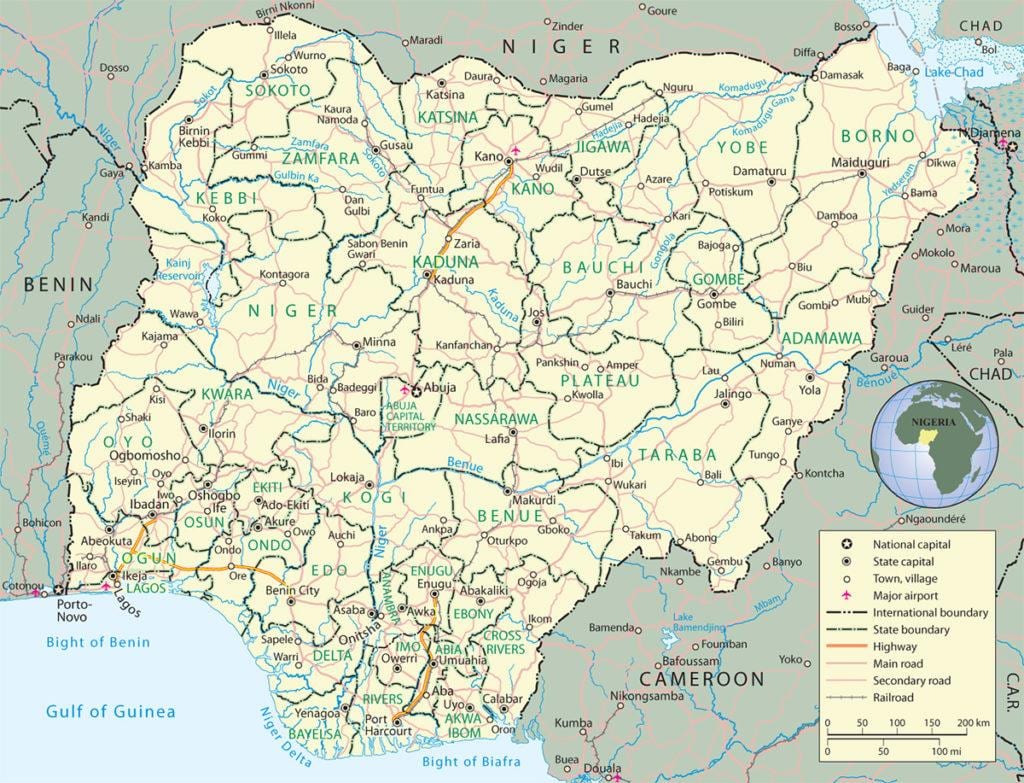 žemėlapis nigerija, kuriame valstybių ir sostinių