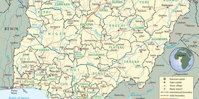 Žemėlapis nigerija, kuriame valstybių ir sostinių