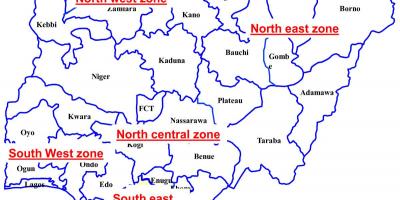 Žemėlapis nigerija, kuriame šešios geopolitinių zonų